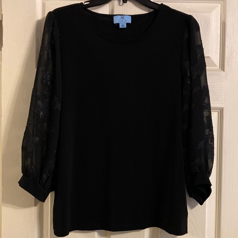 CeCe Black Top with Sheer Sleeves